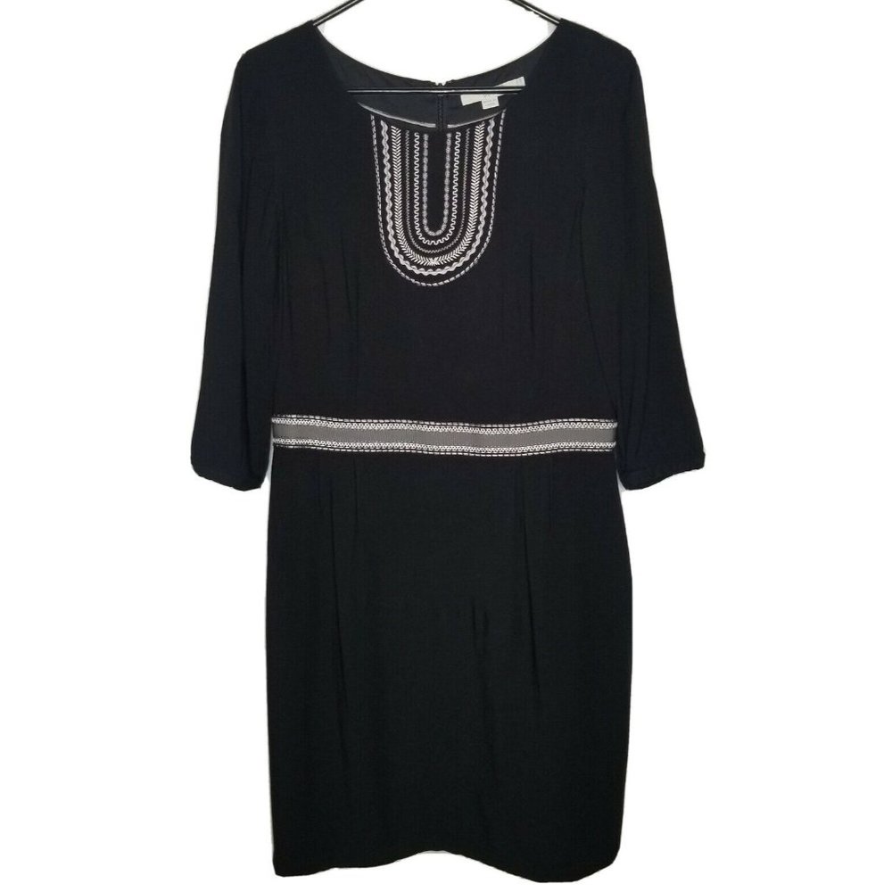 Boden Womens Black.Dress Size 10 R Knee Length 1/2 Sleeve Embroidered Lined